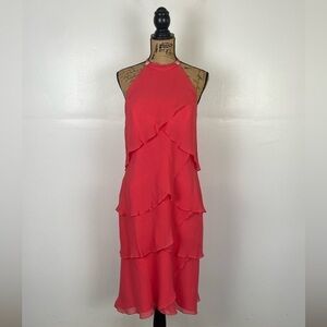 Daymore Couture Silk Layered Midi Dress Sz 10 Pink Halter Neck Rhinestone Fairy